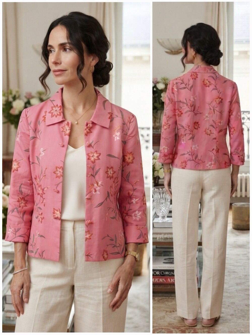 Dana Buchman Pink Silk Embroidered Button-Down Shirt Size 6 Romantic Dainty